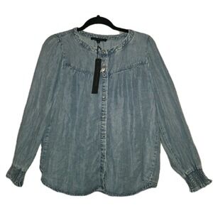 NWT Jane + Delancey Chambray Anthropologie Shirt MEDIUM Pearl Button Smocked Top